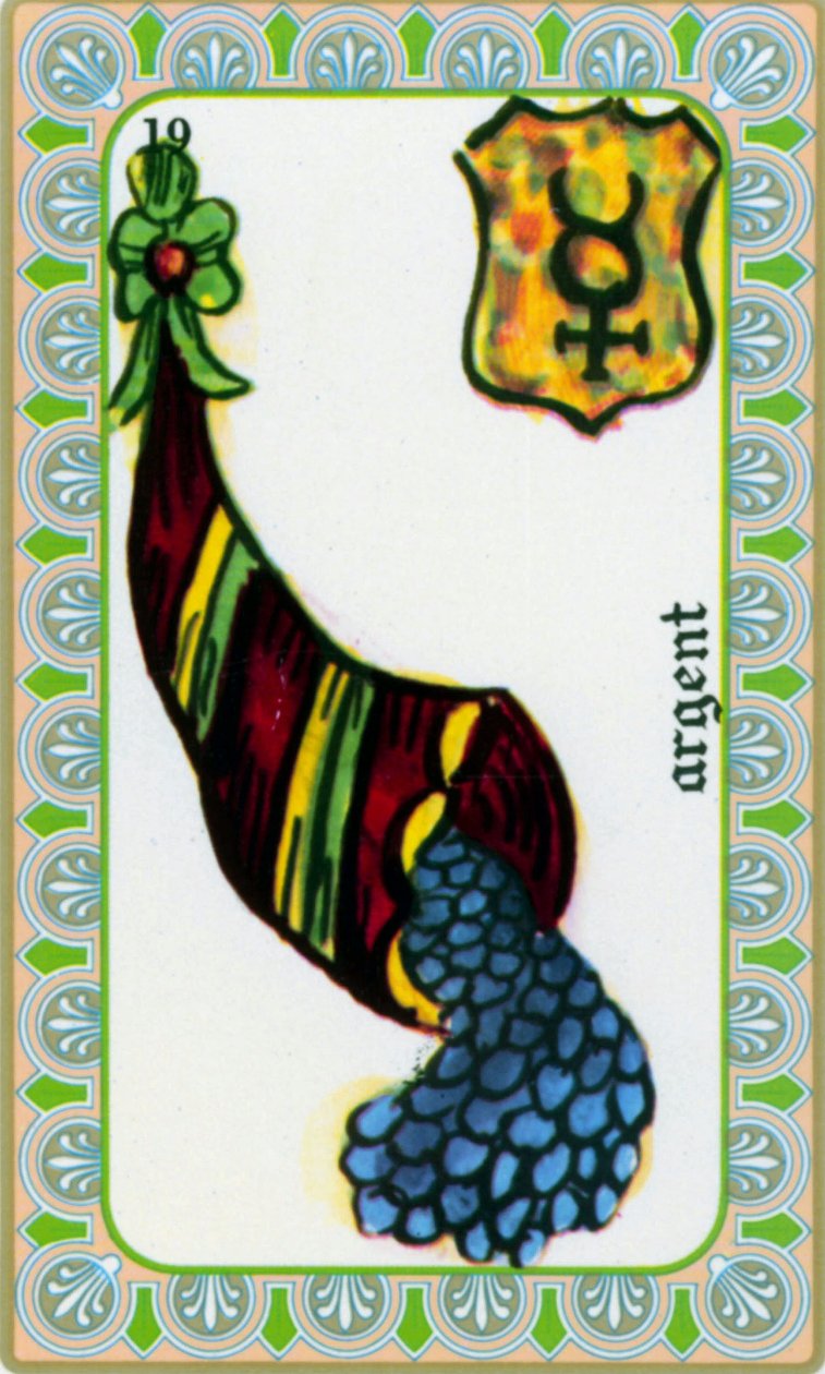 tarot av magus Belline tegnet av Edmond Billaudot c. 1845 og gitt til den klarsynte Belline for ny utstedelse: pengenes kort: mynter i et overflodshorn av Edmond Billaudot