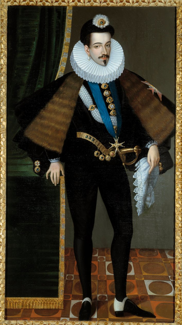 Portrett til fots av Henry III (1551-1589), konge av Frankrike. Maleri av Pierre Jean Edmond Castan (1817 - 1892), basert på et maleri fra 1500-tallet. Olje på lerret. Mål: 1,95 x 1,08 m. Blois, Musee Communal Du Chateau - Portrett i full lengde av Henry I av Edmond Castan