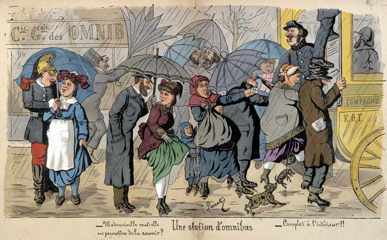 En omnibusstasjon i regnet - humoristisk tegning av Lavrate, ca 1880 av Edmond Lavrate