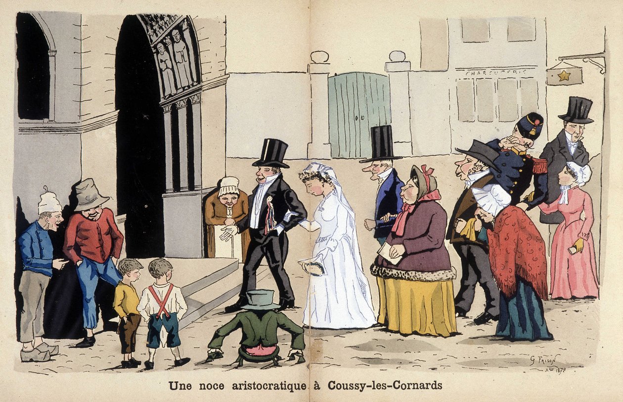 Tegneserie om det franske samfunnet av Lavrate: et aristokratisk bryllup i Coussy les Cornards. 1880 av Edmond Lavrate
