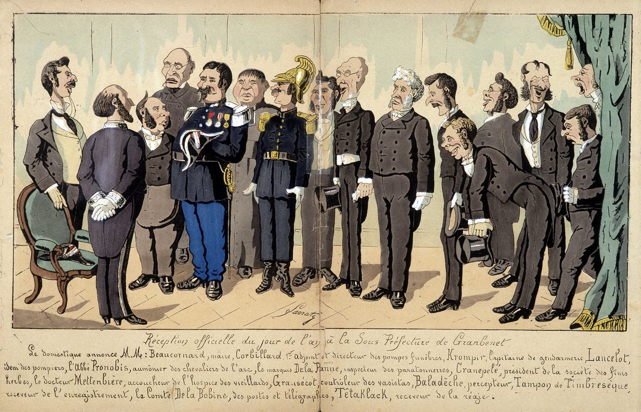 Tegneserie om det franske samfunnet av Lavrate: de forskjellige figurene fra embetsverket, administrative tjenester... ved en offisiell mottakelse. 1880 av Edmond Lavrate