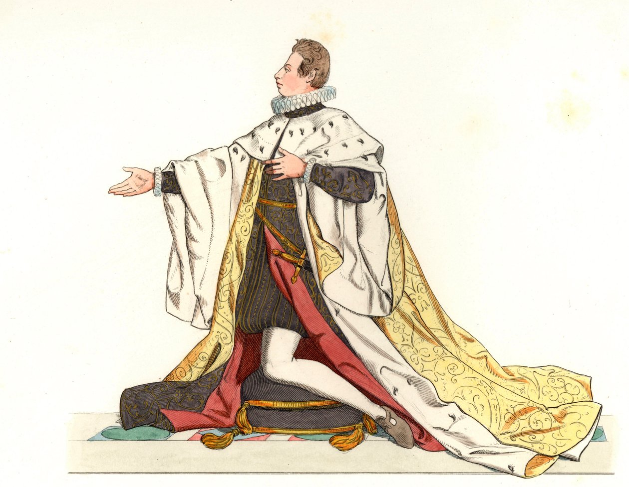 Cosme II de Medicis (1590-1621), storhertug av Toscana (Italia) - Litografi basert på en illustrasjon av Edmond Lechevallier-Chevignard (1825-1902), fra "Historical Costumes of the 16th av Edmond Lechevallier Chevignard