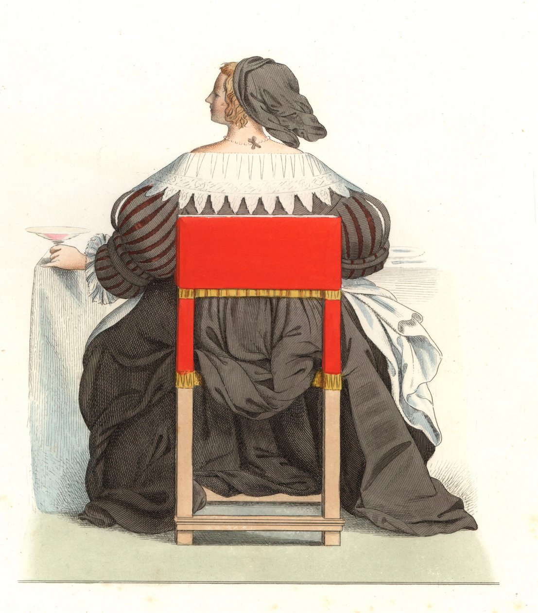 Fransk kvinne fra 1600-tallet, fra en gravering av Abraham Bosse (1602-1676) - Litografi fra en illustrasjon av Edmond Lechevallier-Chevignard (1825-1902), fra "Costumes historiques des 16th av Edmond Lechevallier Chevignard