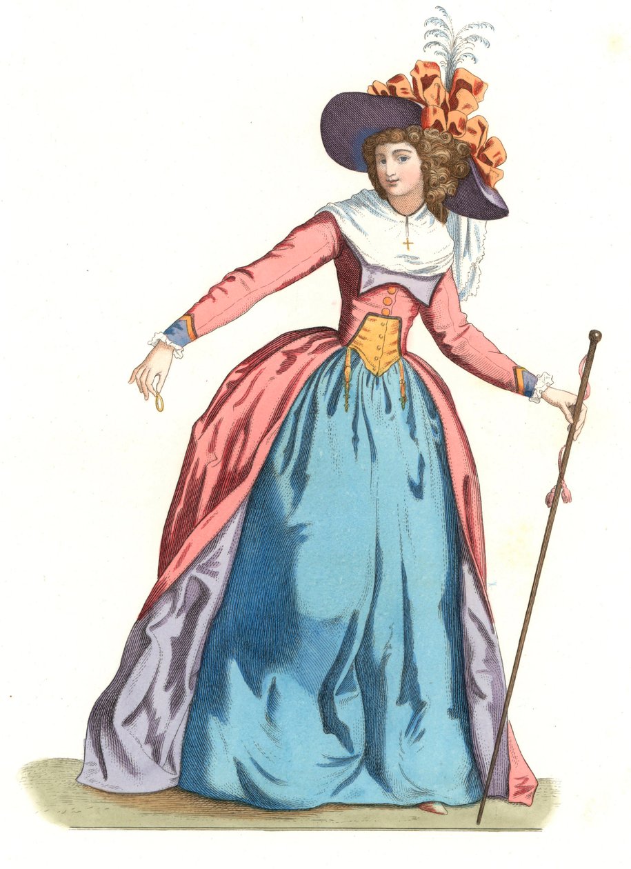 Fransk kvinne i mote på 1700-tallet - Litografi basert på en illustrasjon av Edmond Lechevallier-Chevignard (1825-1902), fra "Costumes historiques des 16th" av Edmond Lechevallier Chevignard