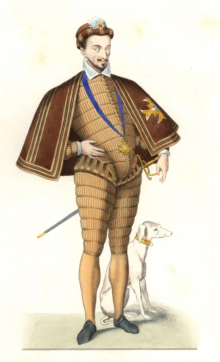 Kong Henry III av Frankrike (1551-1589), iført kjede av Den Hellige Ånds Orden - Litografi etter en illustrasjon av Edmond Lechevallier-Chevignard (1825-1902), fra "Costumes historiques des 16th av Edmond Lechevallier Chevignard