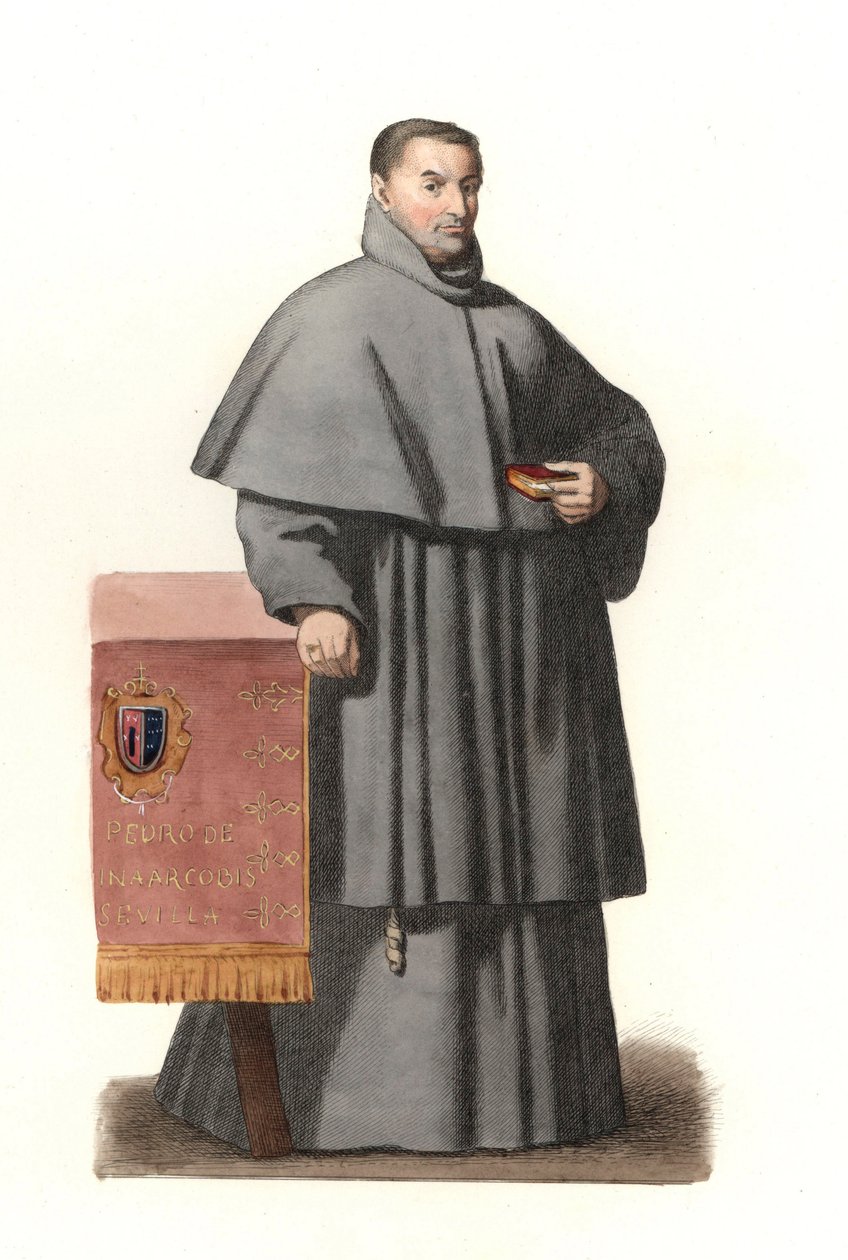 Pedro de Urbina de Montoya, arkevek i Sevilla (Spania) fra 1658 til 1663, basert på et malt portrett av Bartolome Murillo (1618-1682) - Litografi fra en illustrasjon av Edmond Lechevallier-Chevignard (1825-1902), fra "Historical Costumes", fra av av Edmond Lechevallier Chevignard