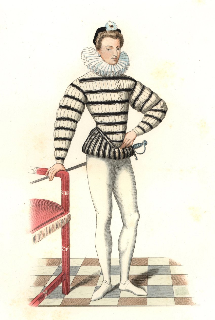 Portrett av Saint-Megrin, fransk herremann fra 1500-tallet, etter en illustrasjon av Riffaut - Litografi fra en illustrasjon av Edmond Lechevallier-Chevignard (1825-1902), fra "Costumes historiques des 16th av Edmond Lechevallier Chevignard