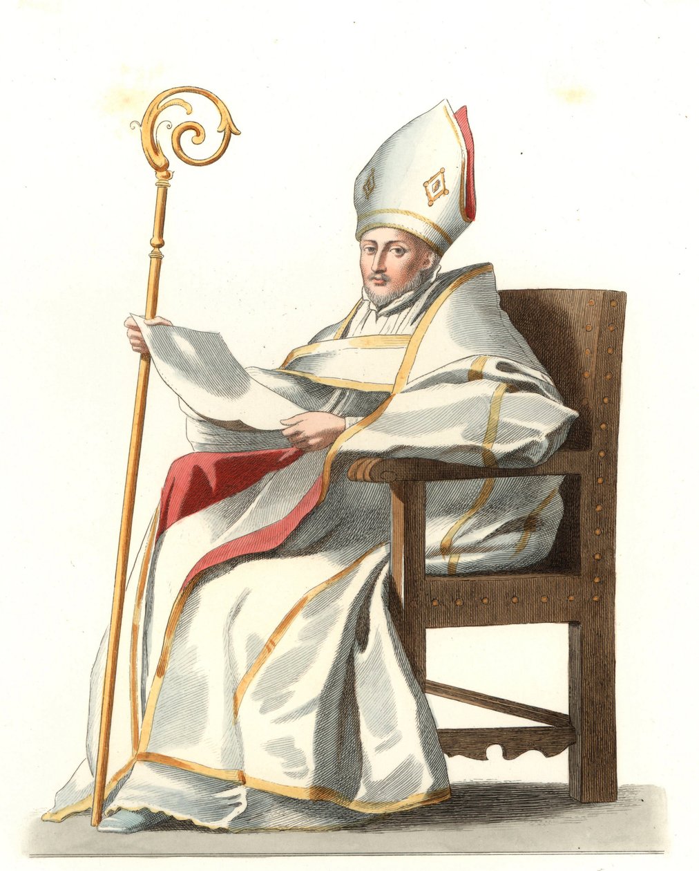 Spansk Eveque 1500-tallet, basert på et maleri av Bartolome Murillo (1617-1682) - Litografi basert på en illustrasjon av Edmond Lechevallier-Chevignard (1825-1902), fra "Costumes historiques des 16th av Edmond Lechevallier Chevignard
