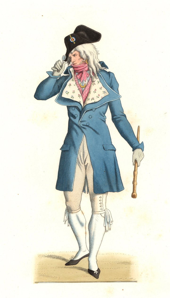 Ung fransk mann født på samme måte som de utrolige på 1700-tallet, etter et maleri av Carle Vernet (1758-1836) - Litografi fra en illustrasjon av Edmond Lechevallier-Chevignard (1825-1902), fra "Costumes historiques des 16e" av Edmond Lechevallier Chevignard