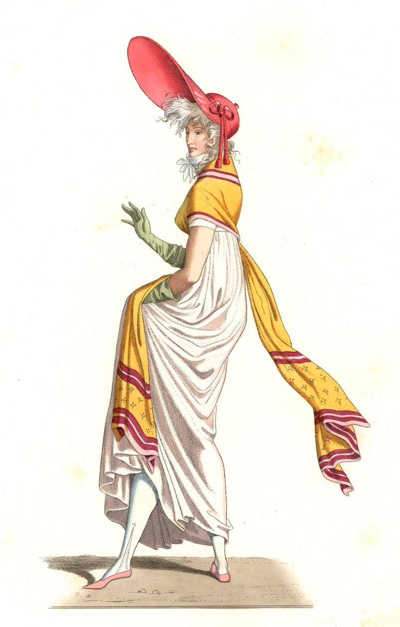 Ung fransk kvinne kledd i 1700-talls mote, etter et maleri av Carle Vernet (1758-1836) - Litografi etter en illustrasjon av Edmond Lechevallier-Chevignard (1825-1902), fra "Costumes historiques des 16th" av Edmond Lechevallier Chevignard