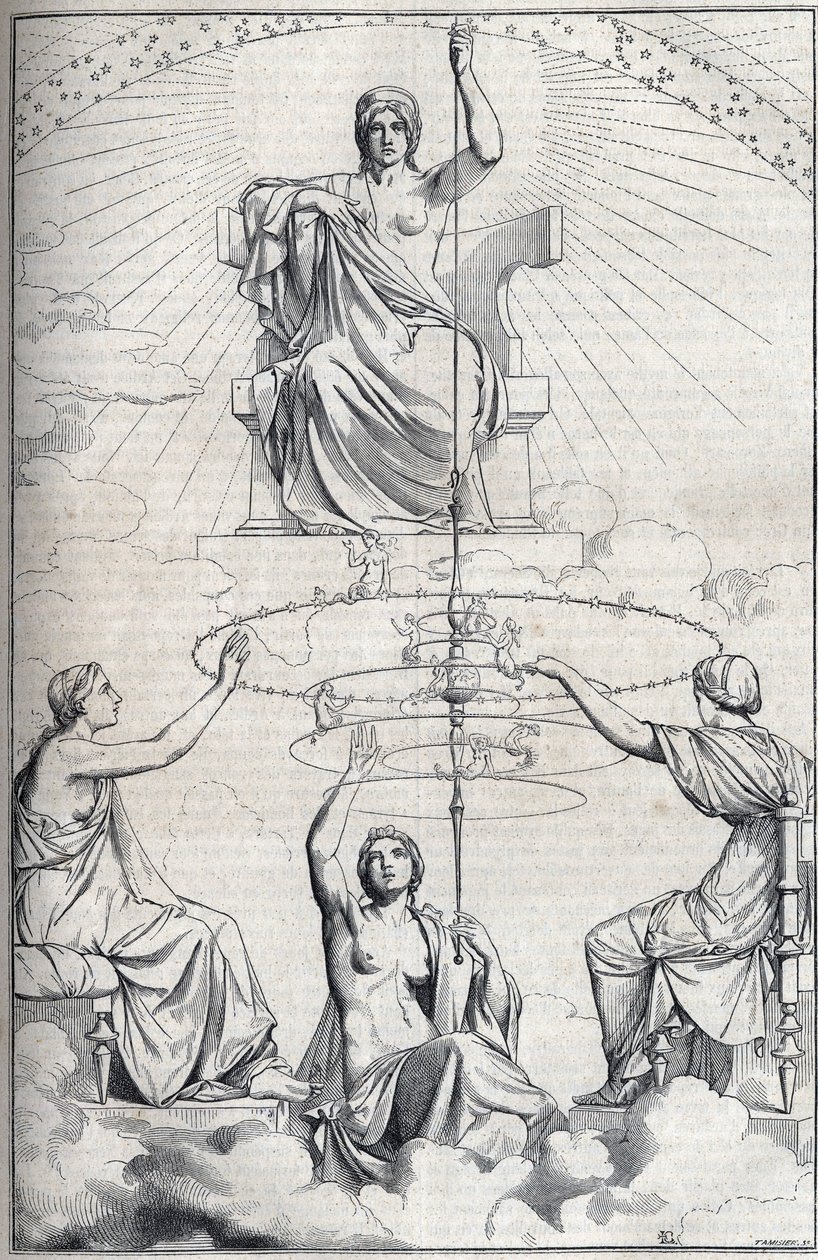 Allegori om Platons "Nødvendighetens spindel". Sittende på sin trone roterer Nødvendighetens gudinne en spindel. På hver av disse sirene er det en sirene. Rundt spindelen, Parques (skap), døtrene til Necessite, som symboliserer passet (Lachesis), av Edmond Lechevallier Chevignard