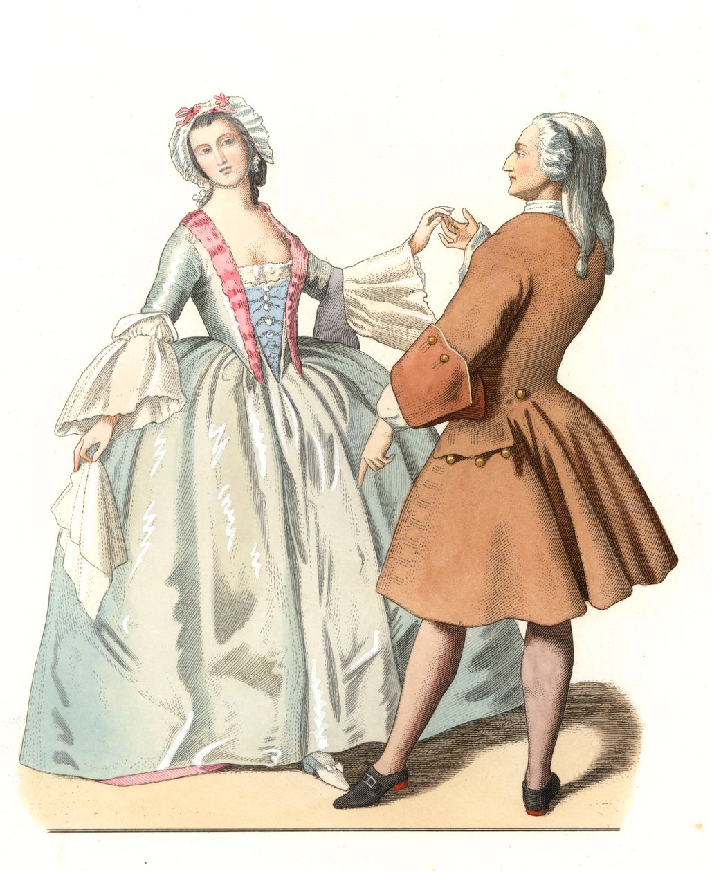 Dansemester og en ung venetianer, danselecon i Italia på 1700-tallet, basert på et maleri av Pietro Longhi (1701-1785) - Litografi basert på en illustrasjon av Edmond Lechevallier-Chevignard (1825-1902), hentet fra "" Historical Costumes of den 1 av Edmond Lechevallier Chevignard
