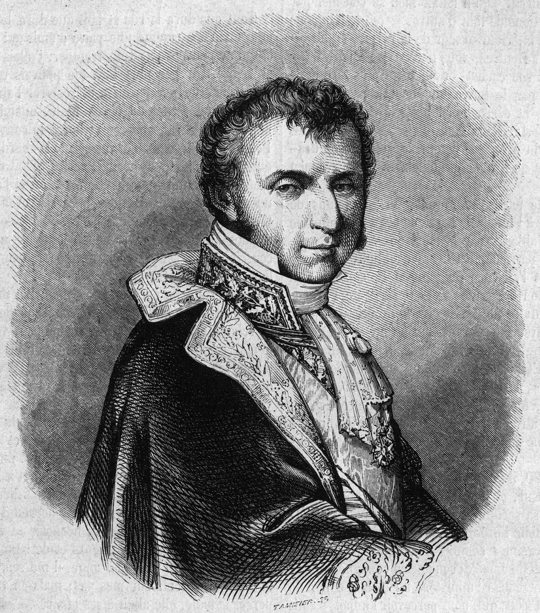 Portrett av Nicolas Francois Mollien (1758-1850), fransk politiker. Gravering av Chevignard i "" The Picturesque Store"" av Edmond Lechevallier Chevignard