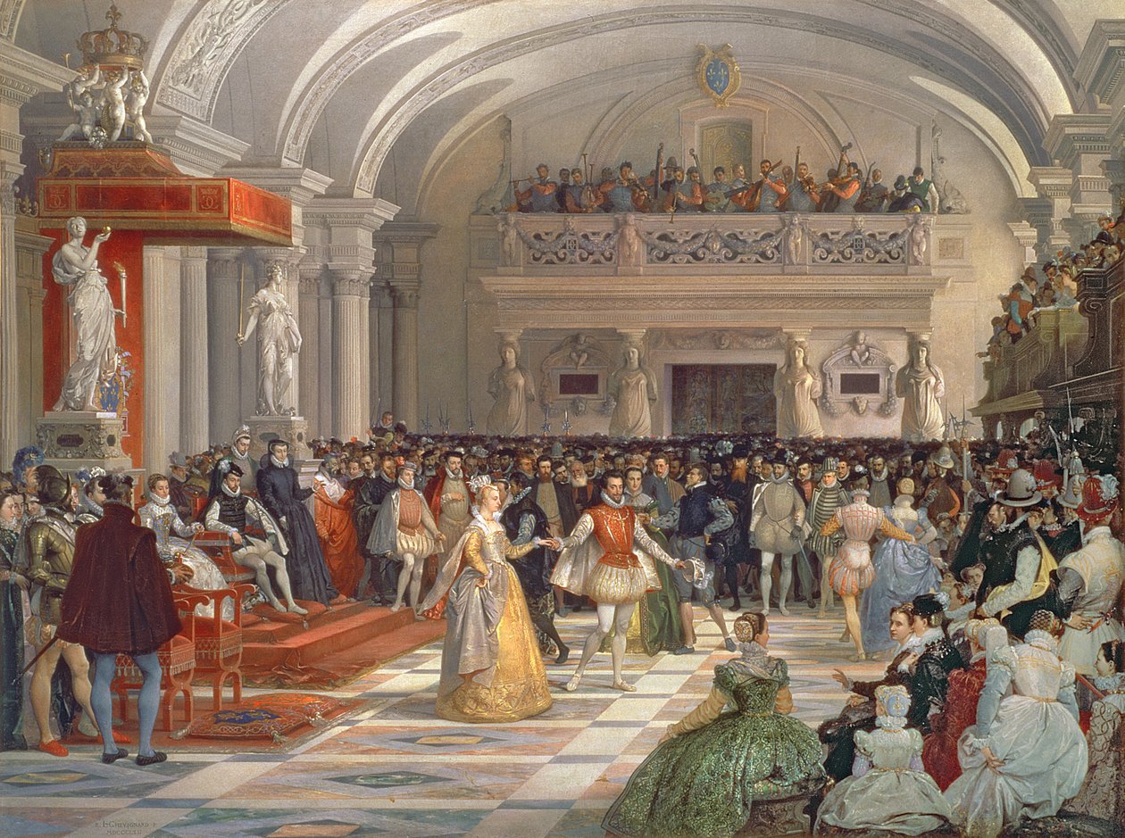 Bryllupet til Henri de Bourbon, konge av Navarra, til Marguerite de Valois i nærvær av Catherine de Medici og Charles IX i 1572, 1862 av Edmond Lechevallier Chevignard
