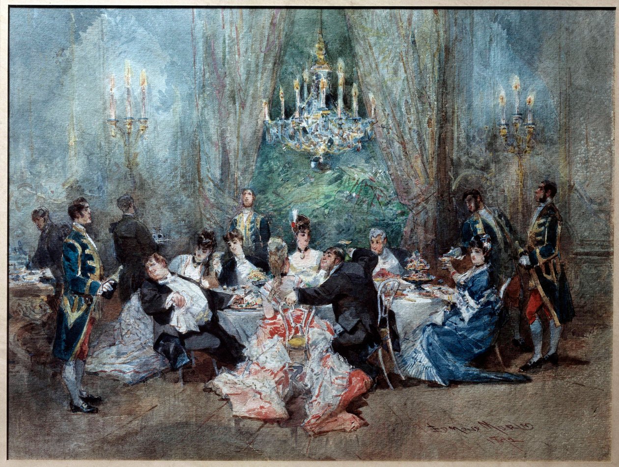 Måltidsscene. Illustrasjon for scene 10 av akt II av "" The Reveillon"" av Henri (Henry) Meilhac (1830-1897) og Ludovic Halevy (1834-1908) ved Det kongelige slott av Edmond Morin