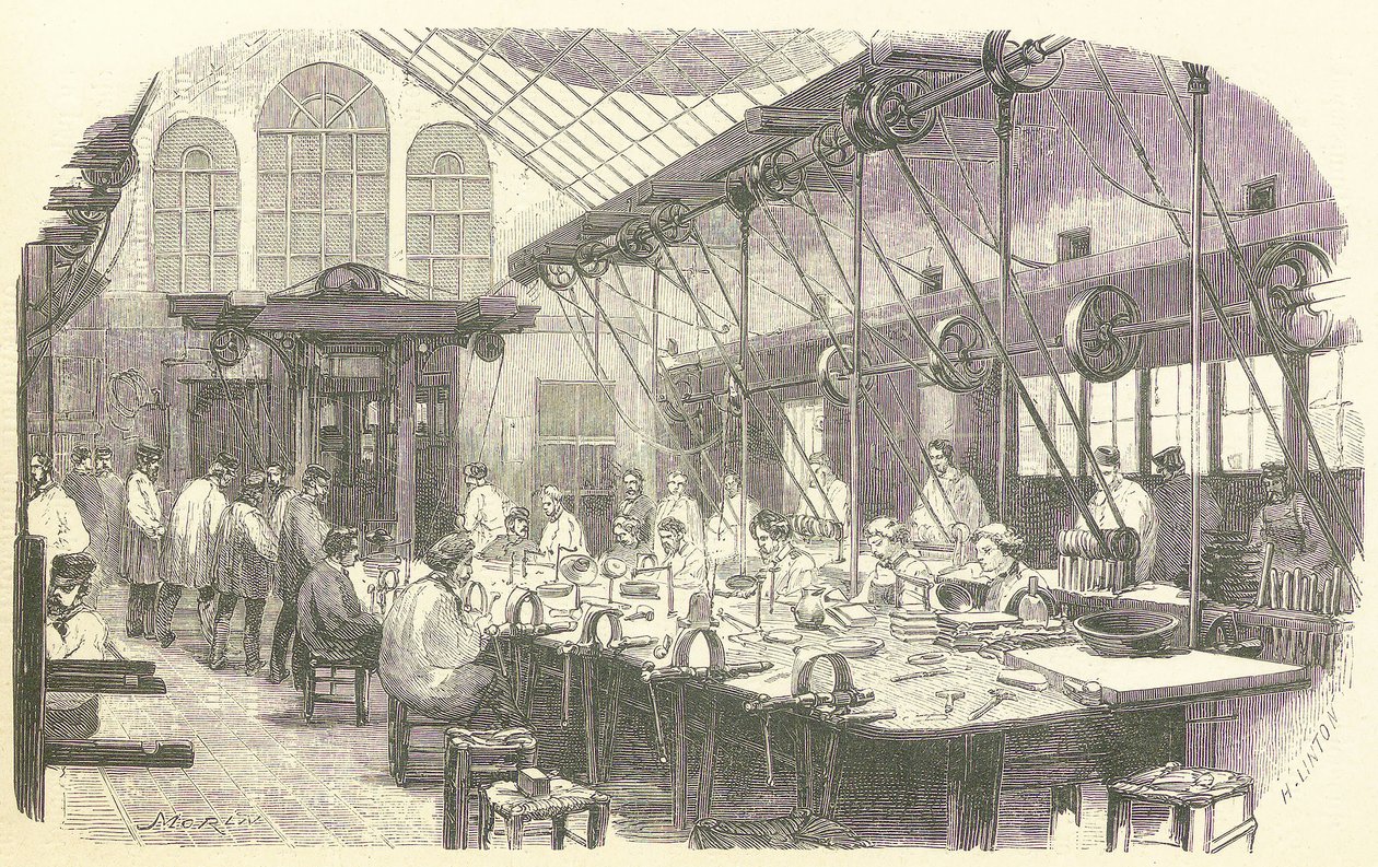 Sølvsmeder på jobb på Christophle Flatware Factory i Paris, pub. 1875 (gravering) av Edmond Morin