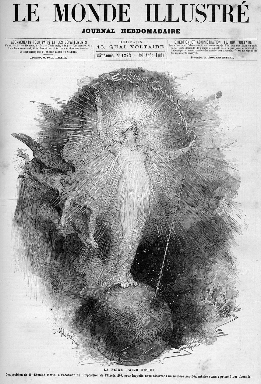 Dronningen av i dag: allegori om elektrisitet som en kvinne som dominerer verden laget på Electricite-utstillingen i 1881. Gravering av Edmond Morin. En av «The Illustrous World» nr. 1273 av 20. august av Edmond Morin