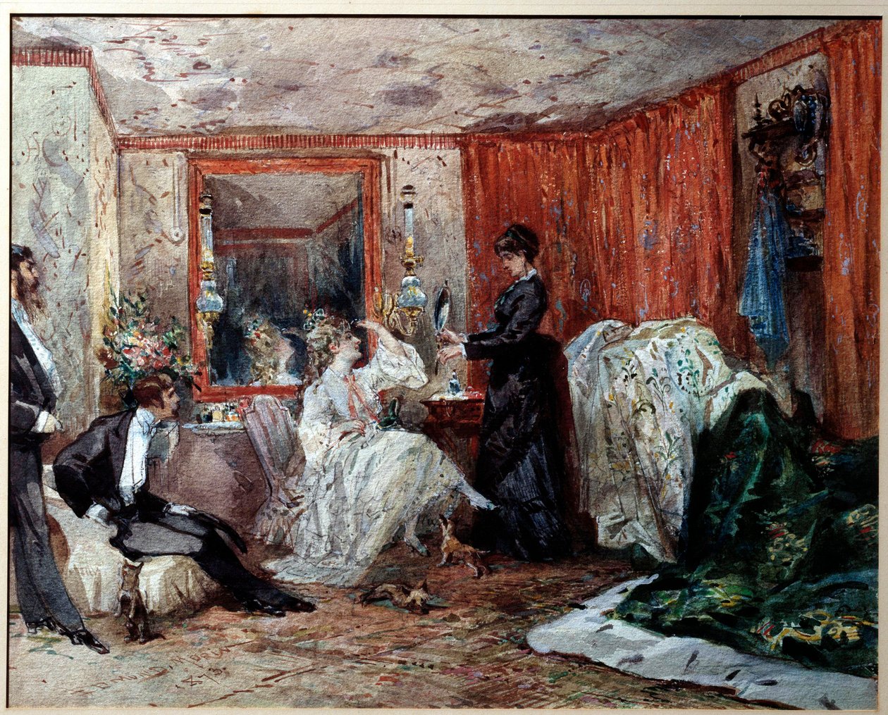 Teaterkomiker Hortense Schneider (1833-1920), elskerinne til Jacques Offenbach (1819-1890), representerer til venstre i garderoben hennes på Theatre des varietes. Akvarell av Edmond Morin (1824-1882) 1873 Compiegne, Castle Museum av Edmond Morin
