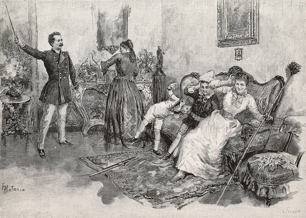 To kvinner og to barn skremt av skremmende mann, gravering fra illustrasjon av Edoardo Matania til boken Military Life in Italy av Edmondo De Amicis (1846-1908), fra L'Illustrazione Italiana, år 18, nr. 7, 15. februar av Edmondo de Amicis