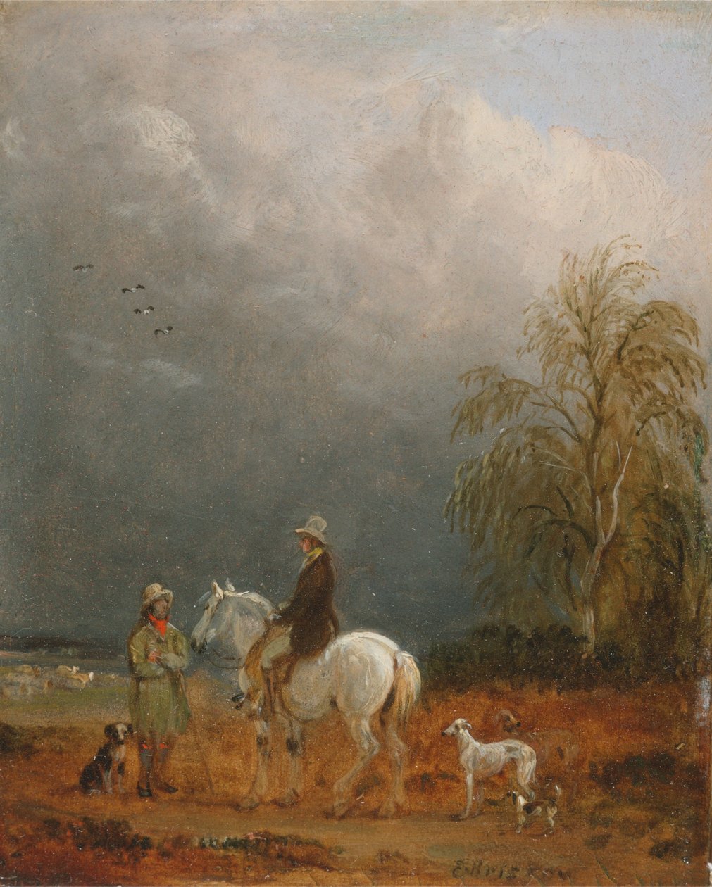 En reisende og en hyrde i et landskap av Edmund Bristow