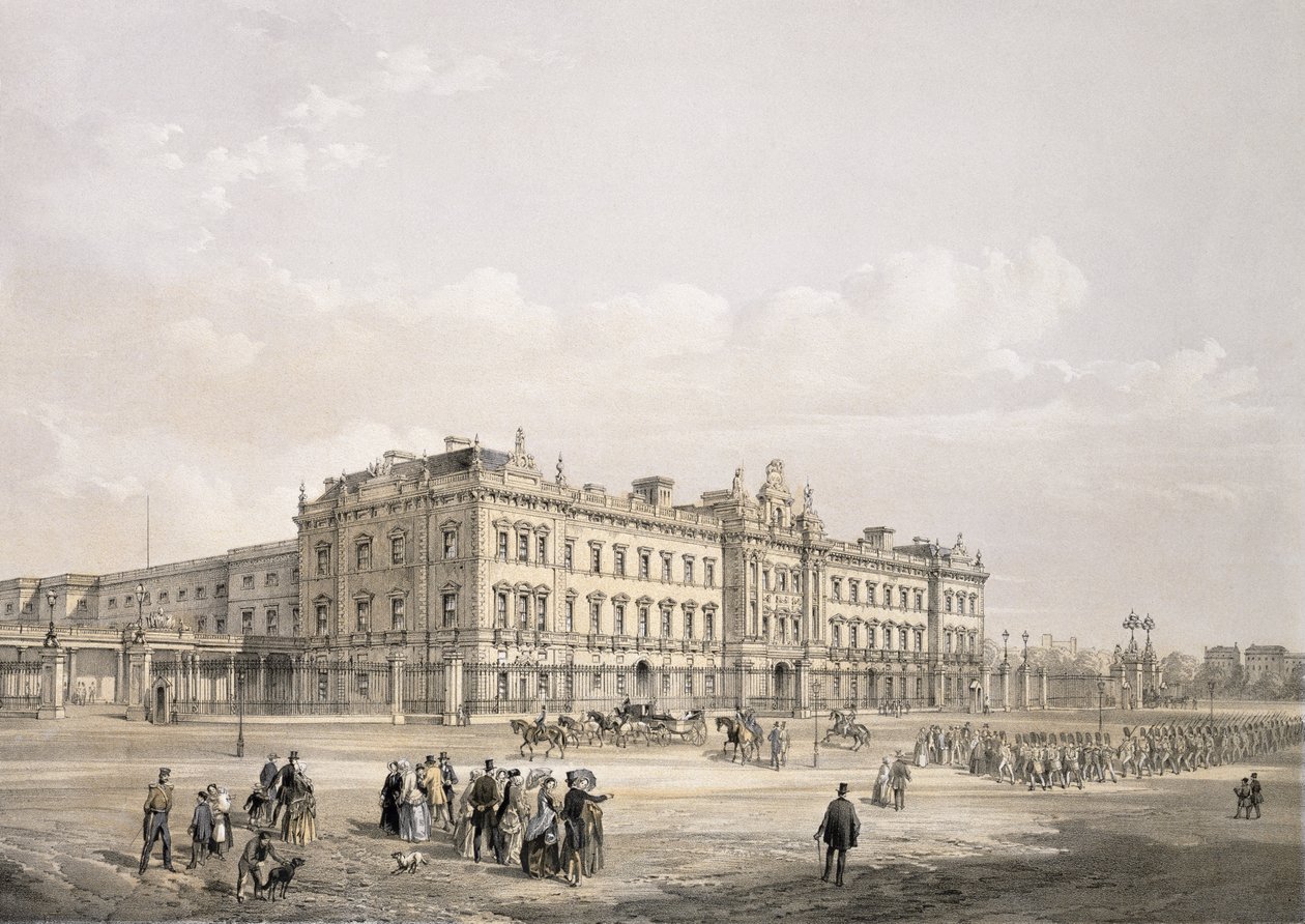 Buckingham Palace, gravert av Thomas Picken (fl.1838-d.1870), pub. 1852 av Lloyd Bros. und Co. (litografi) av Edmund Walker