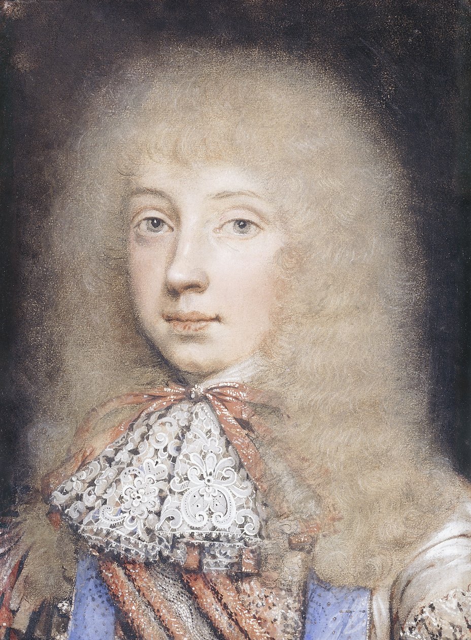 Portrett av Edward Stuart, bystelengde, med flytende hår og blonder, av Edmund Ashfield