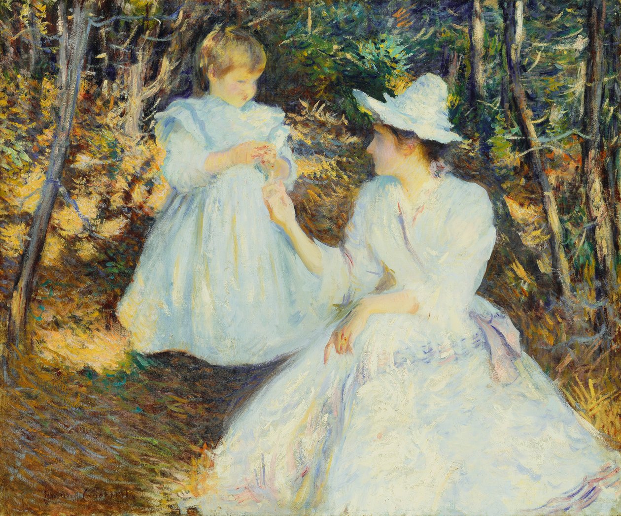 Mor og barn i Pine Woods av Edmund Charles Tarbell