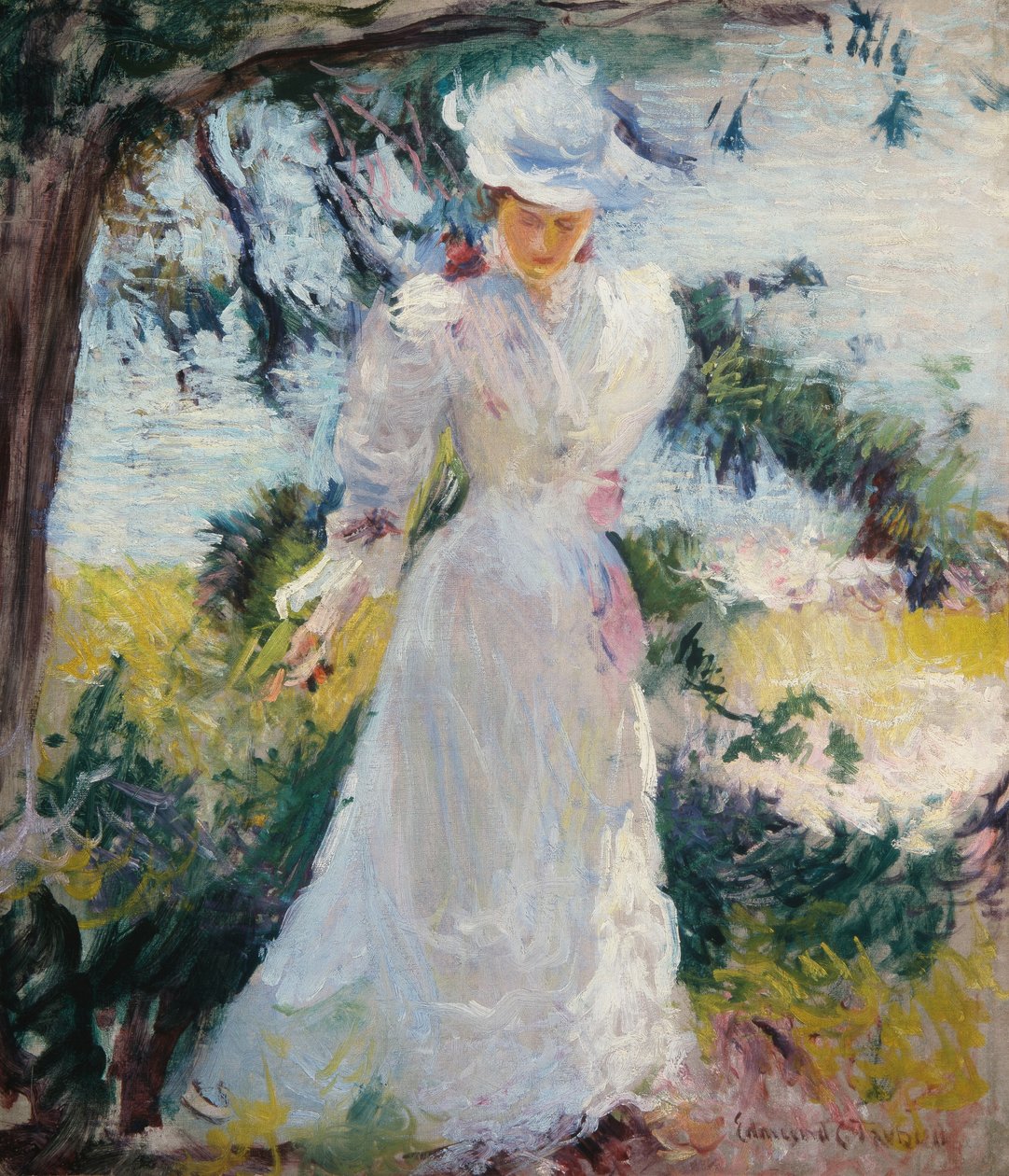Min kone, Emeline, i en hage av Edmund Charles Tarbell