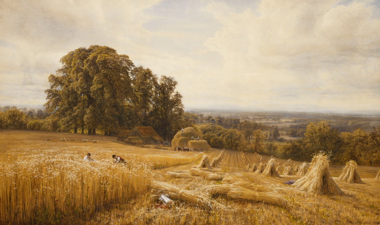 Et omfattende landskap med innhøstingsmaskiner, 1873 av Edmund George Warren