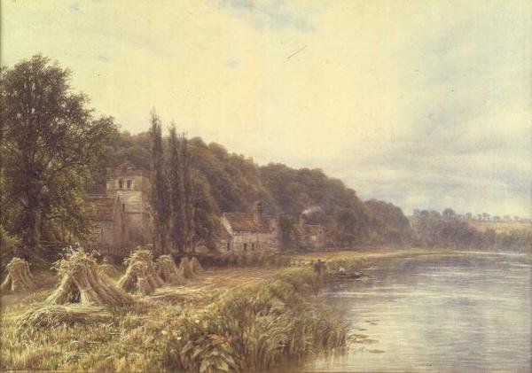 Riverside Village med figurer som fisker av Edmund George Warren