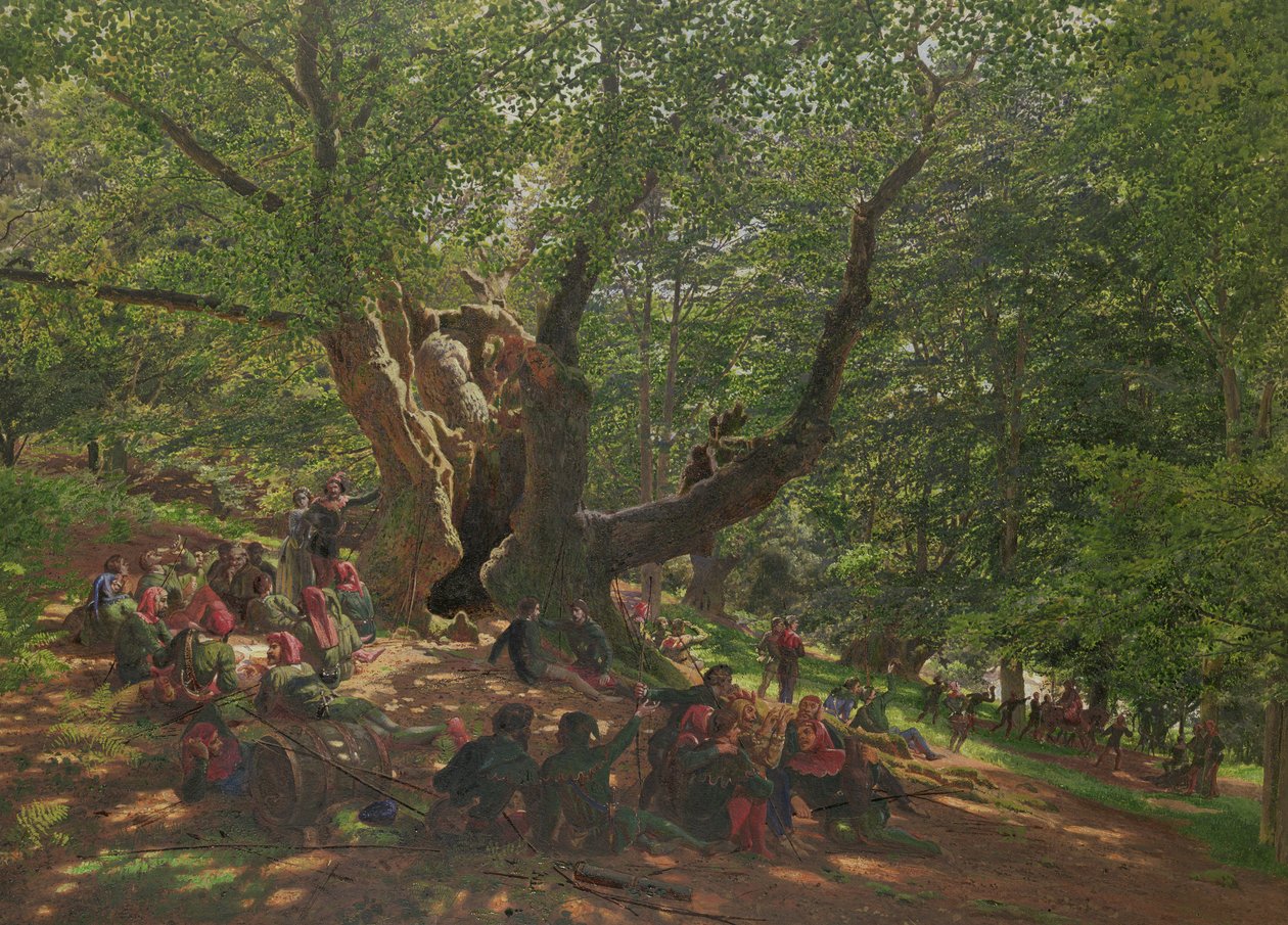 Robin Hood and his Merry Men in Sherwood Forest, 1859 (gouache og gummi arabicum på papir) av Edmund George Warren