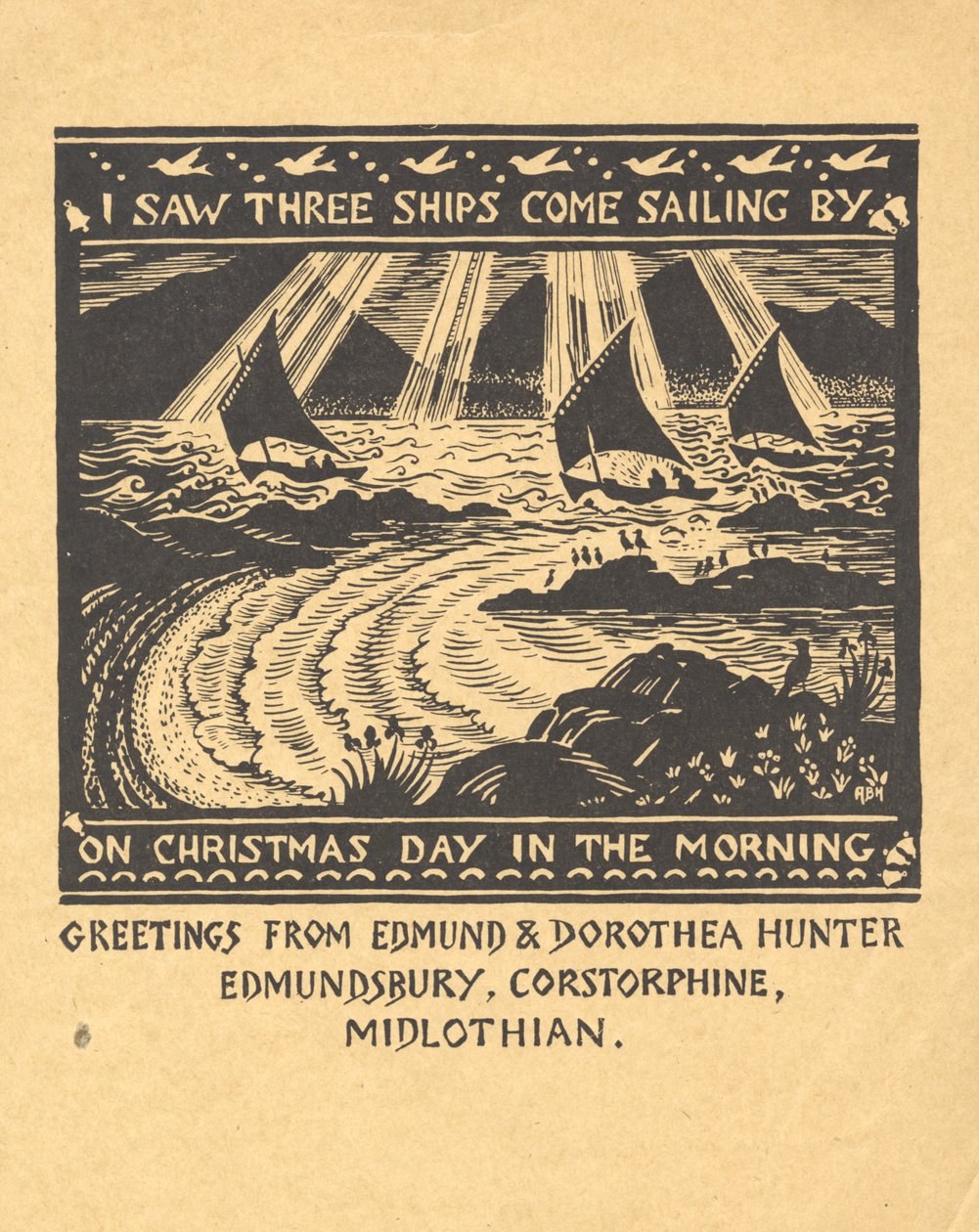 Jeg så tre seilskuter, ca. 1930 (gouache på papir) av Edmund Hunter