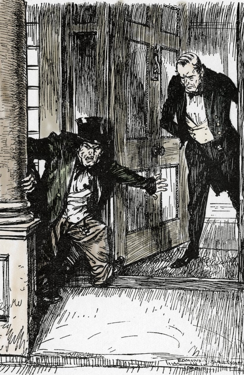 Dr Lanyon åpner døren og oppdager Mr Hyde vetus av alt for store klær, Illustrasjon av Edmund Joseph Sullivan (1869-1933) for romanen L'Etrange Cas du dr Jekyll et de Mr Hyde" av Robert Louis Stevenson (1850-1894) 1927 (Dr Lanyon åpner døren kl av Edmund Joseph Sullivan