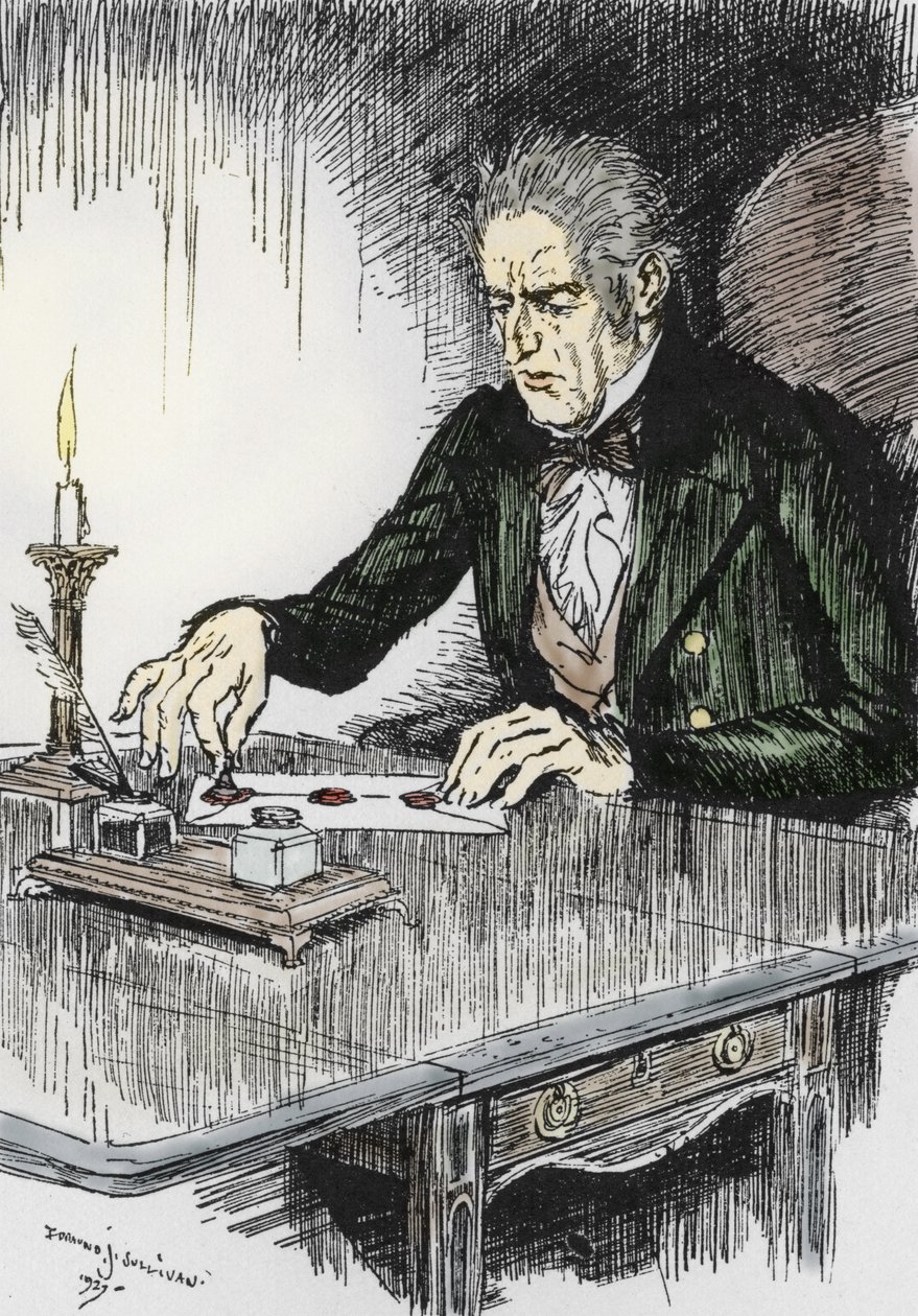 Dr jekyll avslutter brevet der han tilstår å være morderen Mr Hyde, Illustrasjon av Edmund Joseph Sullivan (1869-1933) for romanen L'Etrange Cas du dr Jekyll et de Mr Hyde" av Robert Louis Stevenson (1850-1894) 1927 (Dr. Jekyll, etter å ha skrevet av Edmund Joseph Sullivan