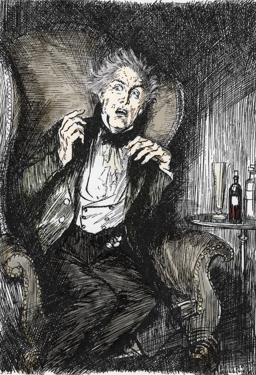Dr. jekyll i redsel under samtalen med Utterson og Enfield, Illustrasjon av Edmund Joseph Sullivan (1869-1933) for romanen L'Etrange Cas du dr Jekyll et de Mr Hyde"" av Robert Louis Stevenson (1850-1894) 1927 (An uttrykk for slik uhyggelig te av Edmund Joseph Sullivan