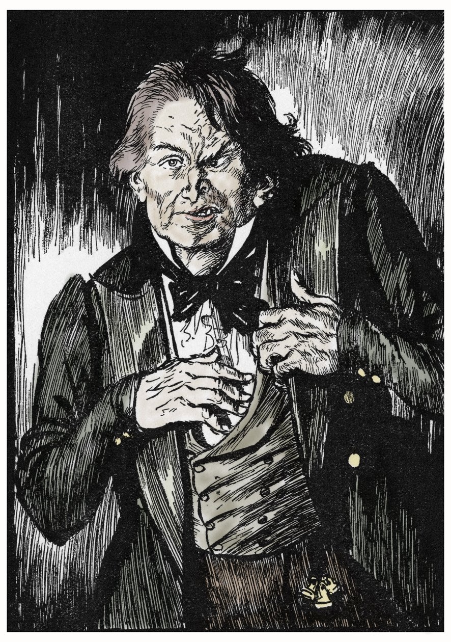 Mr Hyde etter å ha tatt motgiften blir til Dr Jekyll, Illustrasjon av Edmund Joseph Sullivan (1869-1933) for romanen L'Etrange Cas du dr Jekyll et de Mr Hyde" av Robert Louis Stevenson (1850-1894) 1927 (Mr Hyde, har tatt motgiften, vender tilbake  av Edmund Joseph Sullivan