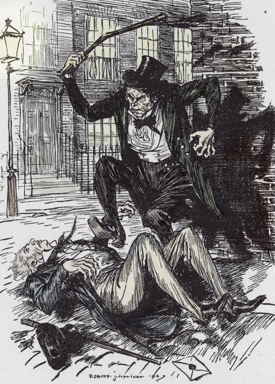 Mr Hyde-morder Sir Danvers Carew, illustrasjon av Edmund Joseph Sullivan (1869-1933) for romanen L'Etrange Cas du dr Jekyll et de Mr Hyde" av Robert Louis Stevenson (1850-1894) 1927 (Mr Hyde klubber Sir Danvers Carew til død "" med ae-li av Edmund Joseph Sullivan