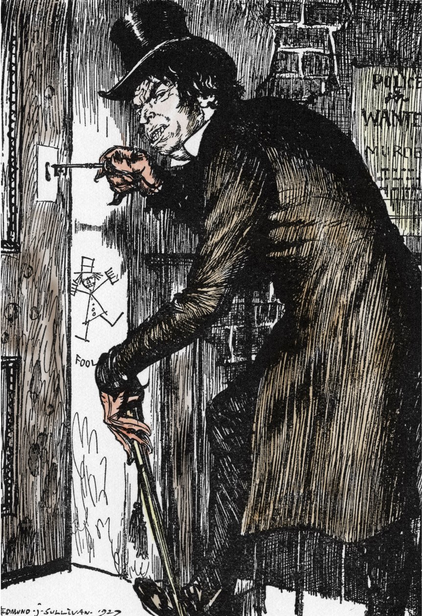 Mr Hyde vender hjem etter en natt med eventyr for å ta motgiften og gjenoppta utseendet til Dr Jekyll, Illustrasjon av Edmund Joseph Sullivan (1869-1933) for romanen L'Etrange Cas du dr Jekyll et de Mr Hyde”” av Robert Louis Stevenson (1850-1894) av Edmund Joseph Sullivan