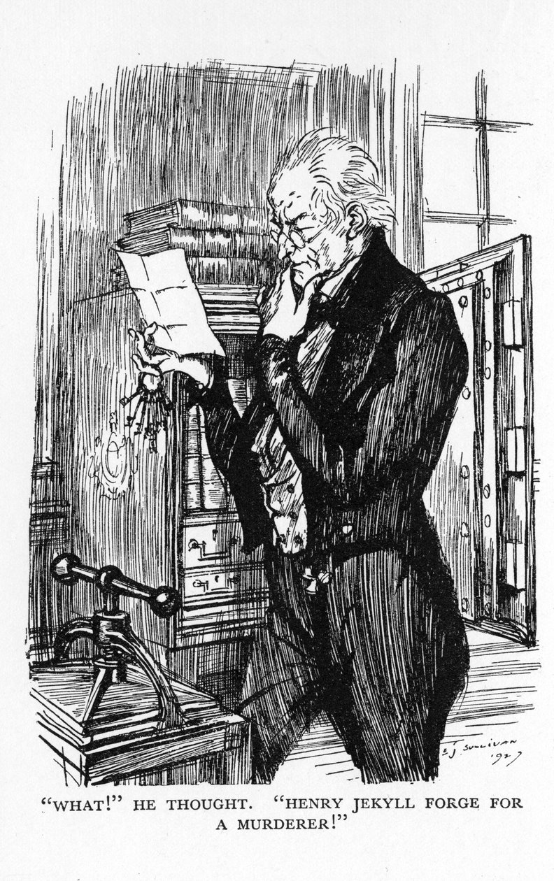 Scene fra The Strange Case of Dr Jekyll and Mr Hyde av Robert Louis Stevenson, 1927 av Edmund Joseph Sullivan