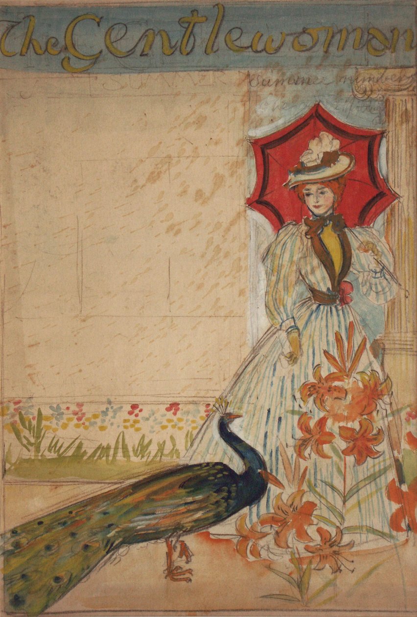 The Gentlewoman, (rekto); Support Home Industries (verso), rundt 1905 (gouache over blyant på kort) av Edmund Joseph Sullivan