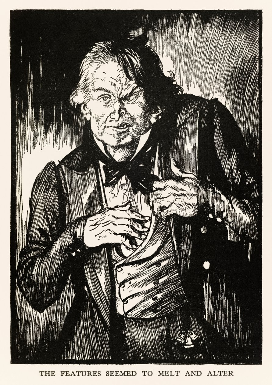 Funksjonene så ut til å smelte og endre seg" fra "Strange Case of Dr Jekyll and Mr Hyde" av Robert Louis Stevenson (1850-1894) illustrert av E. J. Sullivan (1869-1933) av Edmund Joseph Sullivan