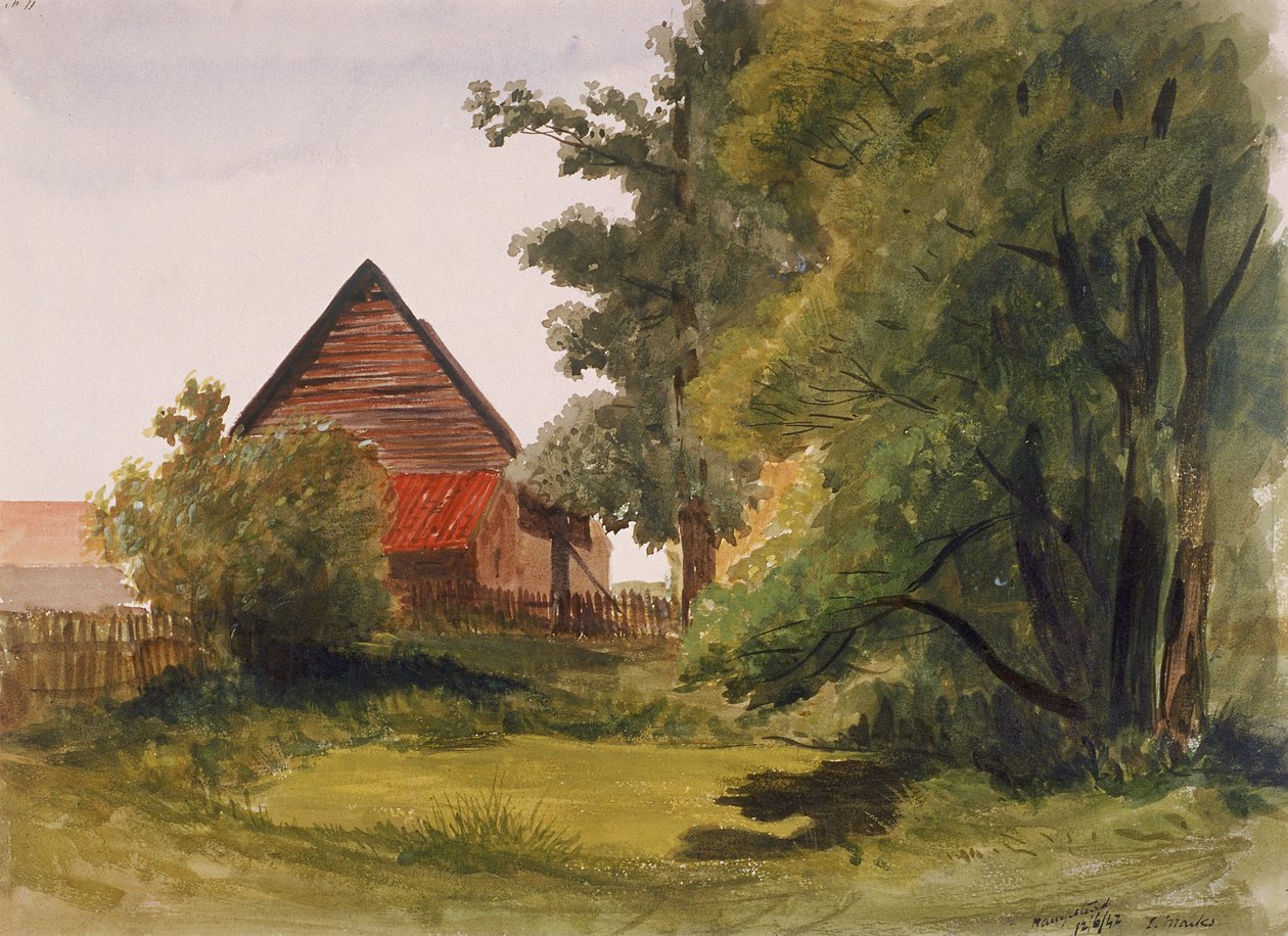 Utsikt over Hampstead med en låve til venstre, Hampstead, Camden, London, 1842 av Edmund Marks