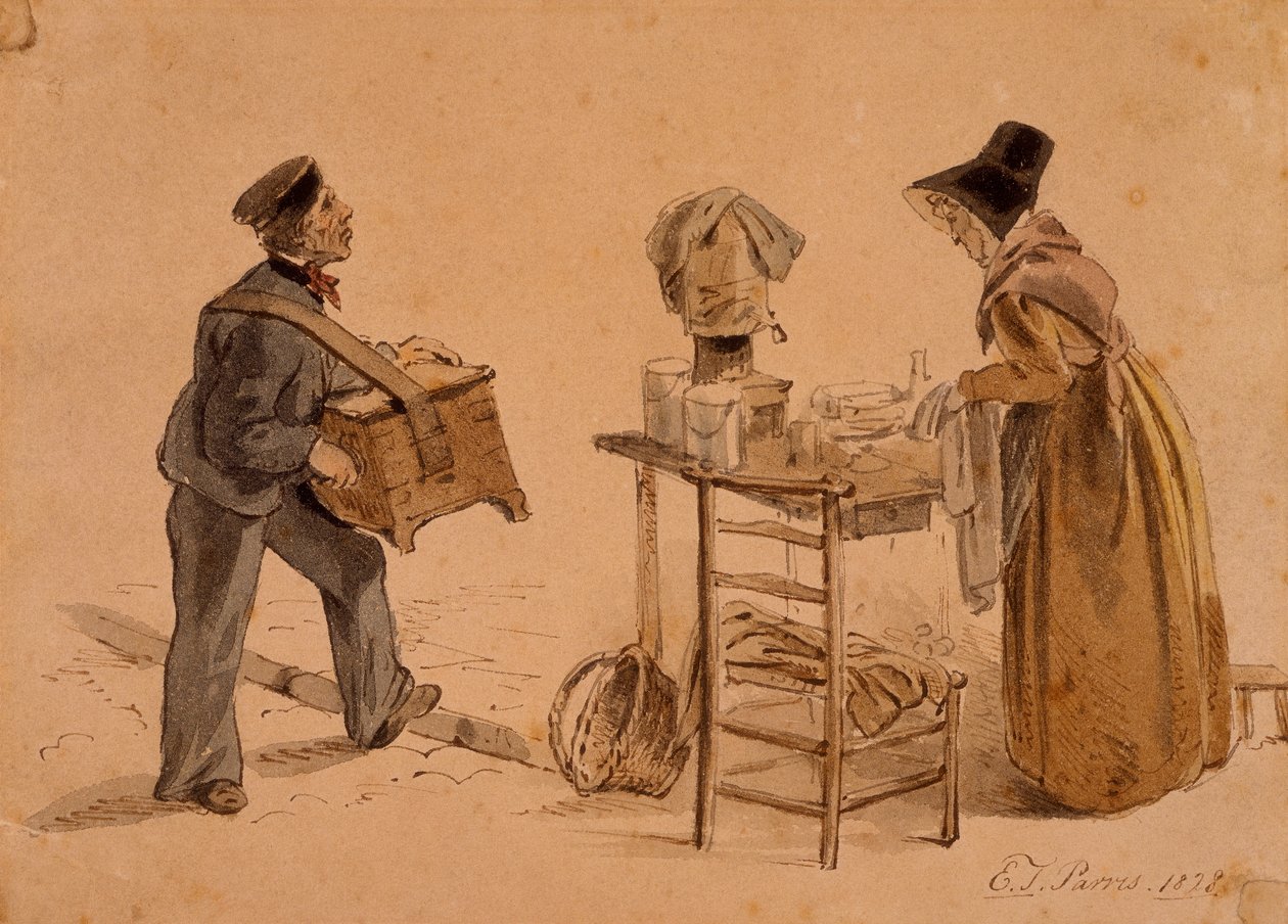 En mann med et tønneorgel og en kaffeselger, 1828 av Edmund Thomas Parris