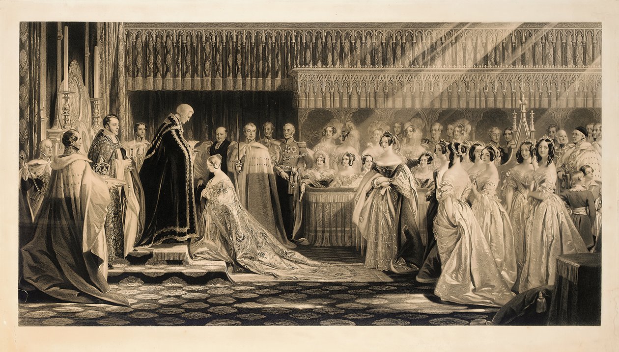 Kroningen av Hennes Majestet Dronning Victoria, i Westminster Abbey, 28. juni, 1838, gravert av Charles Edward Flagstaff av Edmund Thomas Parris