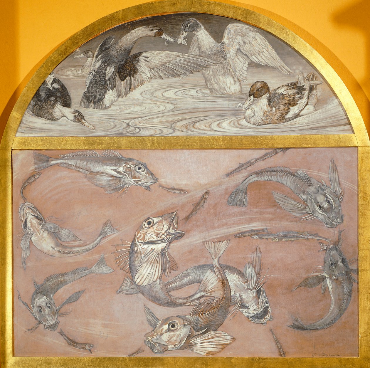 Diptyk med fisk og ender i dammen (tempera på kortet,) av Edoardo Gioja