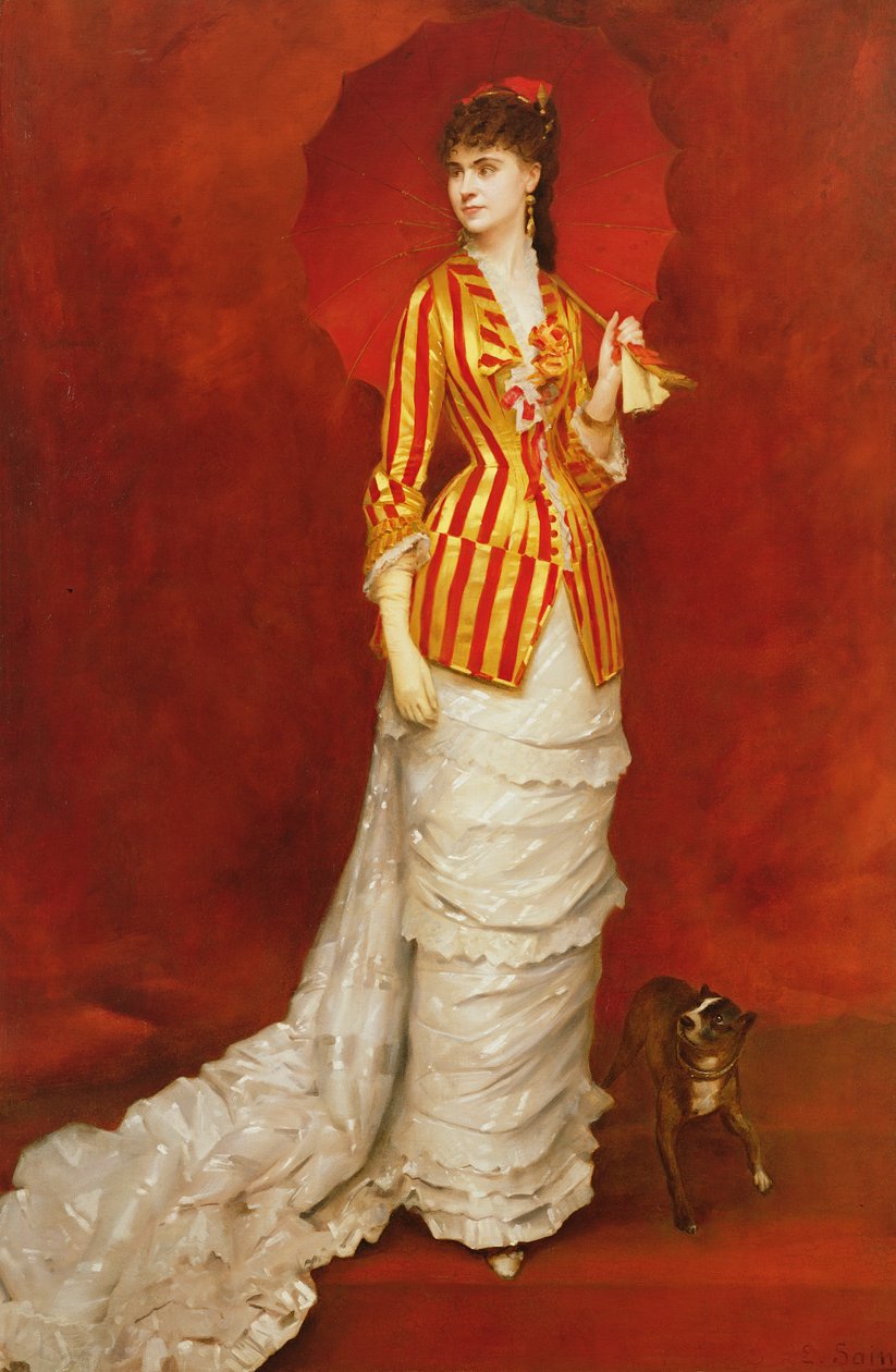 Portrett av en dame i stripet jakke med parasoll av Edouard Alexandre Sain