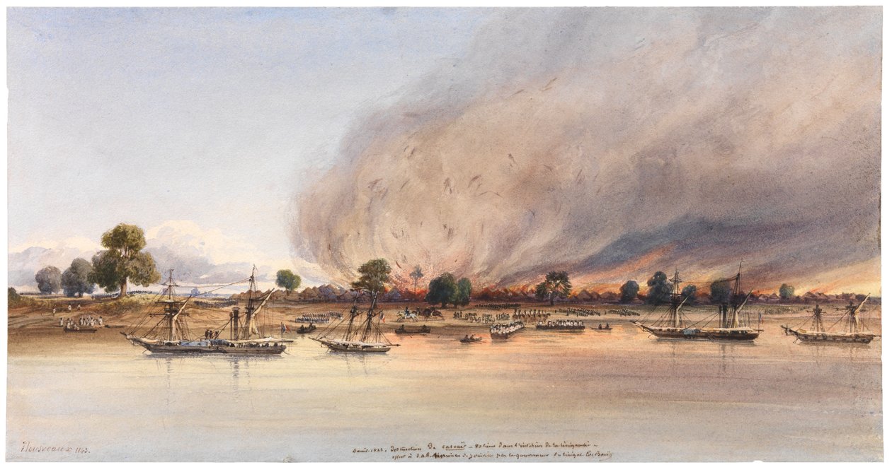 Ødeleggelsen av byen Cascas i Senegal, 1843 av Edouard Auguste Nousveaux