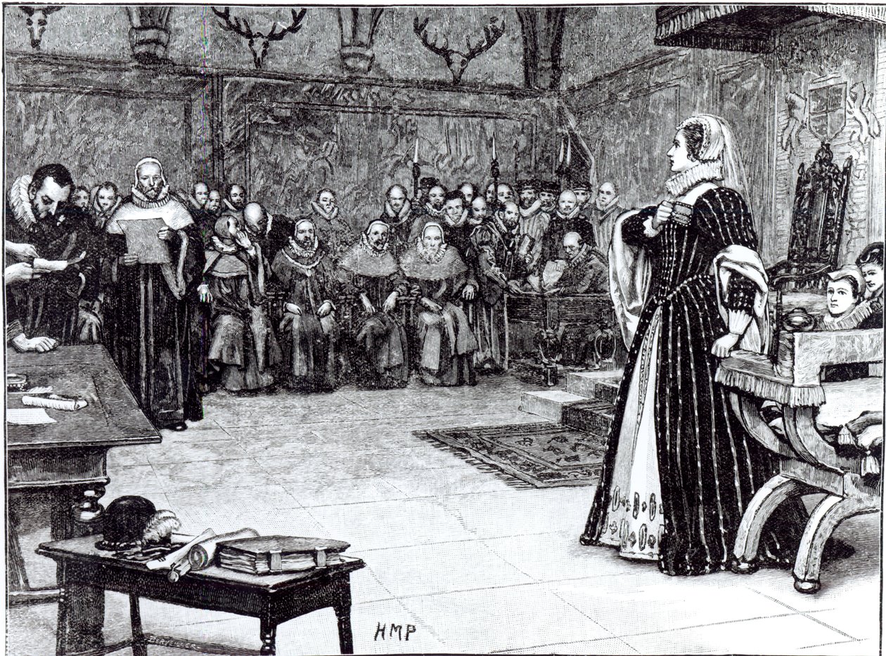 Rettssak mot Mary Queen of Scots (1542-87) i Fotheringhay Castle av Edouard Berveiller