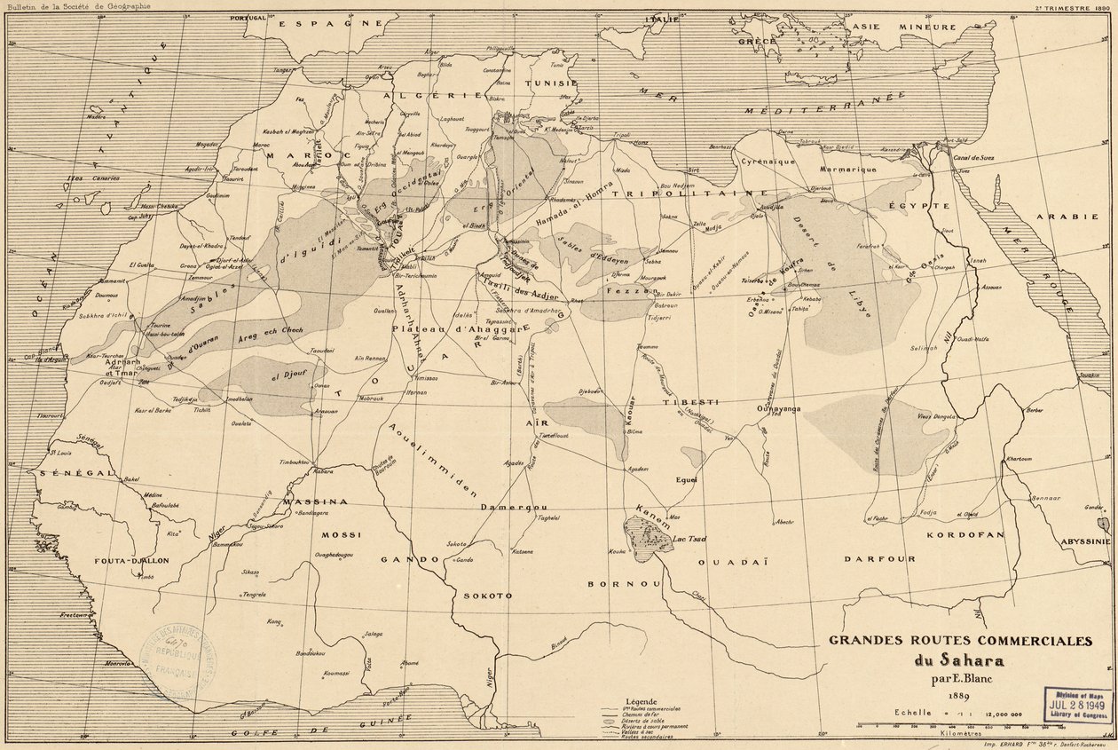 1889 kart over handelsruter sør for Sahara av den franske oppdageren Edouard Blanc av Edouard Blanc