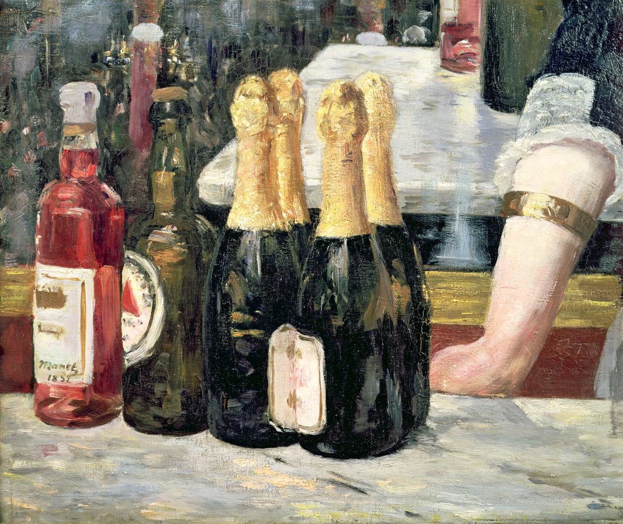 En bar ved Folies-Bergere, detalj av flaskene på venstre side, 1881-82 av Édouard Manet